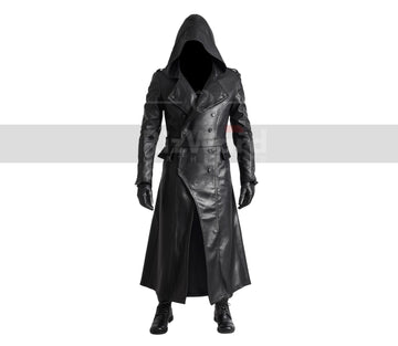 Handmade Black Leather Creed Hooded Coat - Steampunk Leather Coat For Cosplay