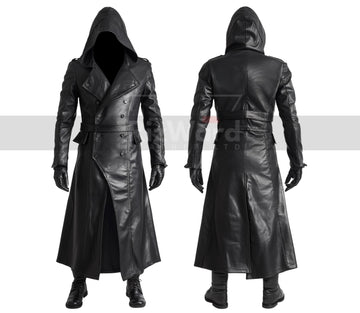 Handmade Black Leather Creed Hooded Coat - Steampunk Leather Coat For Cosplay