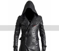 Handmade Black Leather Creed Hooded Coat - Steampunk Leather Coat For Cosplay