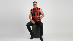 Men’s Black PU Leather Vest with Red Strips – Bold Luxury Statement Wear