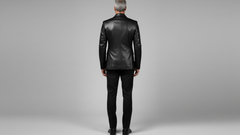 Men’s Black Leather Blazer with Red Asymmetrical Accent – Statement Fashion Jacket