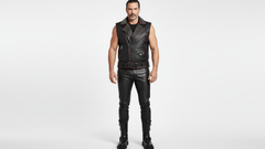 Men’s Black PU Leather Vest with Red Zips & Spiked Collar – Bold Edge Design