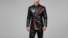 Men’s black leather blazer with red asymmetrical accent