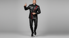 Men’s Black Leather Blazer with Red Asymmetrical Accent – Statement Fashion Jacket