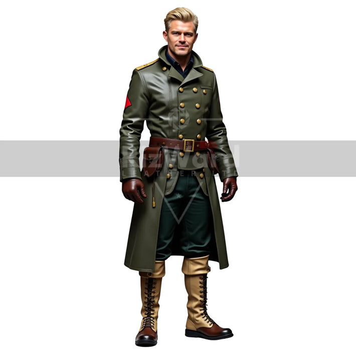 Handmade Leather Military Trench Coat - Officer’s Steampunk Coat for Cosplay - Army Long Coat - Double Breast Military Overcoat
