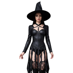 Black Leather Witch Costume - Gothic Long Sleeve Sexy Bodysuit Dress - Seductive Halloween Costumes - Naughty Cosplay Roleplay Costume