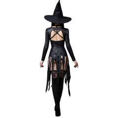 Black Leather Witch Costume - Gothic Long Sleeve Sexy Bodysuit Dress - Seductive Halloween Costumes - Naughty Cosplay Roleplay Costume