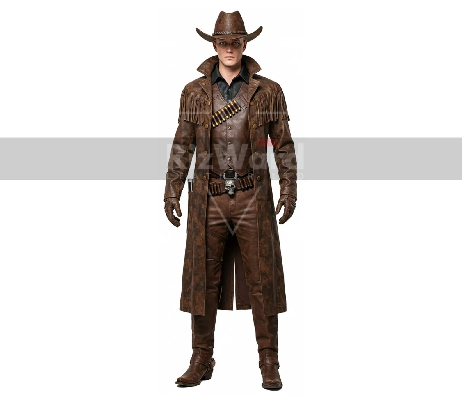 Handmade Halloween Cowboy Costume - Gothic Leather Trench Coat - Western Cowboy Outlaw Costume - Fringed Long Coat - Ghoul Halloween Cosplay