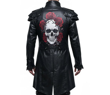 Gothic Vampire Trench Coat with Skull Print - Steampunk Victorian Tailcoat - Dracula Halloween Costume - Victorian Gothic Dress Cosplay