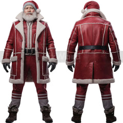 Classic Leather Santa Claus Coat with Faux Fur - Santa Trench Coat Cosplay Costumes - Santa Claus Holiday Christmas Costumes - Long Coat