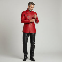 Men’s Red Leather Statement Jacket – Luxury Buttoned Fashion Outerwear