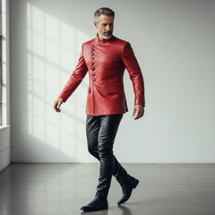Men’s Red Leather Statement Jacket – Luxury Buttoned Fashion Outerwear