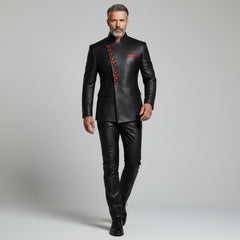Men’s Black Leather Statement Jacket – Luxury Red Button Outerwear