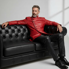 Men’s black leather jacket with red accent buttons front view