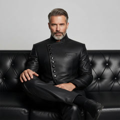 Tailored black leather jacket with asymmetrical closure