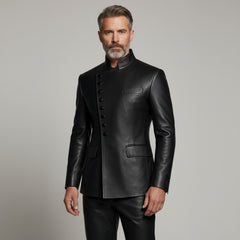 Men’s black asymmetrical leather button jacket front view