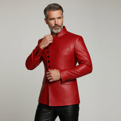 Men’s black leather asymmetrical button jacket with red buttons