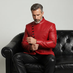 Men’s Red Leather Statement Jacket – Luxury Buttoned Fashion Outerwear