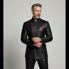 Men’s Black Leather Statement Jacket – Luxury Red Button Outerwear