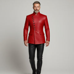Men’s Red Leather Statement Jacket – Luxury Buttoned Fashion Outerwear