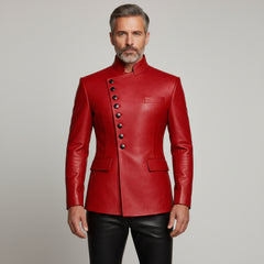 Men’s Red Leather Statement Jacket – Luxury Buttoned Fashion Outerwear