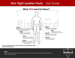picture showing size guide for black leather rebellion pants