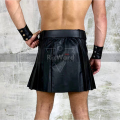 Black Leather Piedpiper Set of Mini-Skirt Kilt+ Harness+ Hand Cuffs