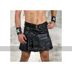 Black Leather Piedpiper Set of Mini-Skirt Kilt+ Harness+ Hand Cuffs