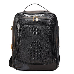 Crocodile Embossed Leather Backpack Unisex - Multi-Pocket Laptop Backpack