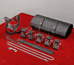 Luxury Black & Red Leather Restraint Kit - Fetish Adult Restraints Set with Cuffs and Chains - Kinky Restraints for Couples Love Play