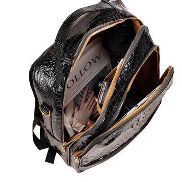 Crocodile Embossed Leather Backpack Unisex - Multi-Pocket Laptop Backpack