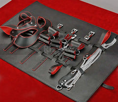 Luxury Black & Red Leather Restraint Kit - Fetish Adult Restraints Set with Cuffs and Chains - Kinky Restraints for Couples Love Play