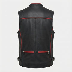 Men’s Black Leather Vest with Red Zipper Accents – Asymmetrical Statement Wear