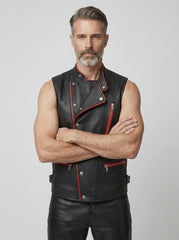 Men’s leather vest with red piping and zip pockets