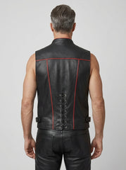 Men’s Black Leather Vest with Red Zipper Accents – Asymmetrical Statement Wear