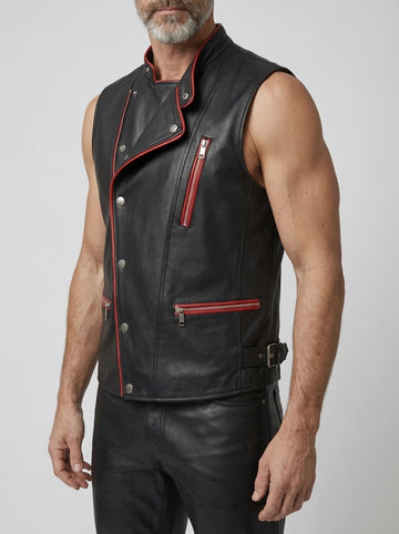 Men’s black leather vest with red zipper accents front view
