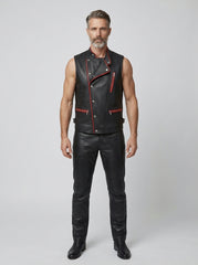 Men’s black leather vest with red zipper accents front view