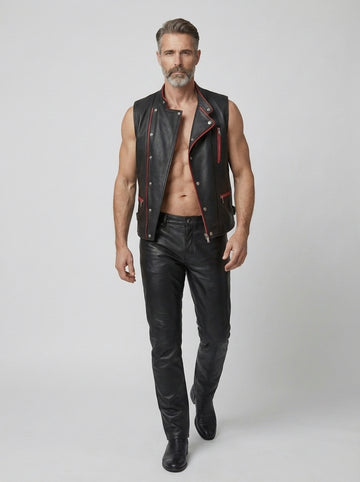 Men’s black leather vest with red zipper accents front view
