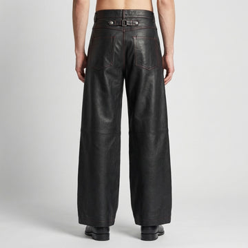 Men’s black leather high waist button pants front view