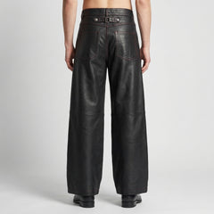 Men’s Black Leather High-Waist Button Pants – Wide-Leg Statement Trousers