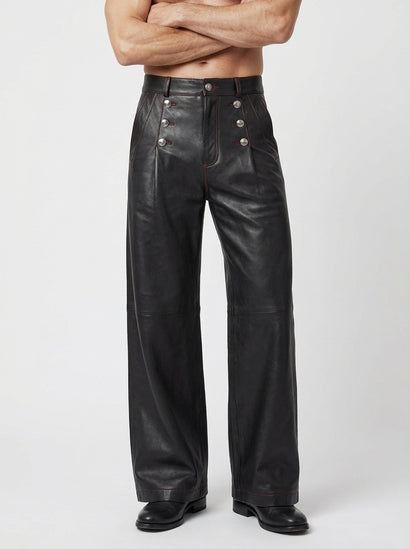 Men’s black leather high waist button pants front view