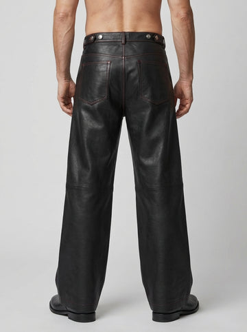 Men’s black leather high waist button pants front view