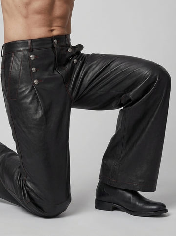 Men’s black leather high waist button pants front view
