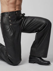 High waist black leather trousers men