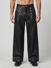 Black PU leather wide leg trousers for men