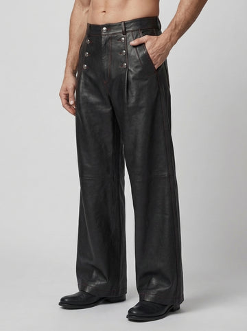 Men’s black leather high waist button pants front view