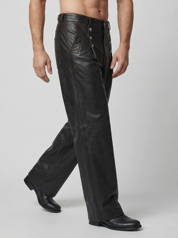 Men’s black leather high waist button pants front view