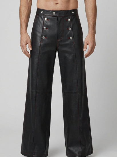 Men’s black leather high waist wide leg pants front view