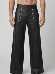 Men’s black leather high waist wide leg pants front view