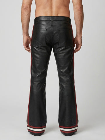 Men’s black leather pants with red side stripes front view